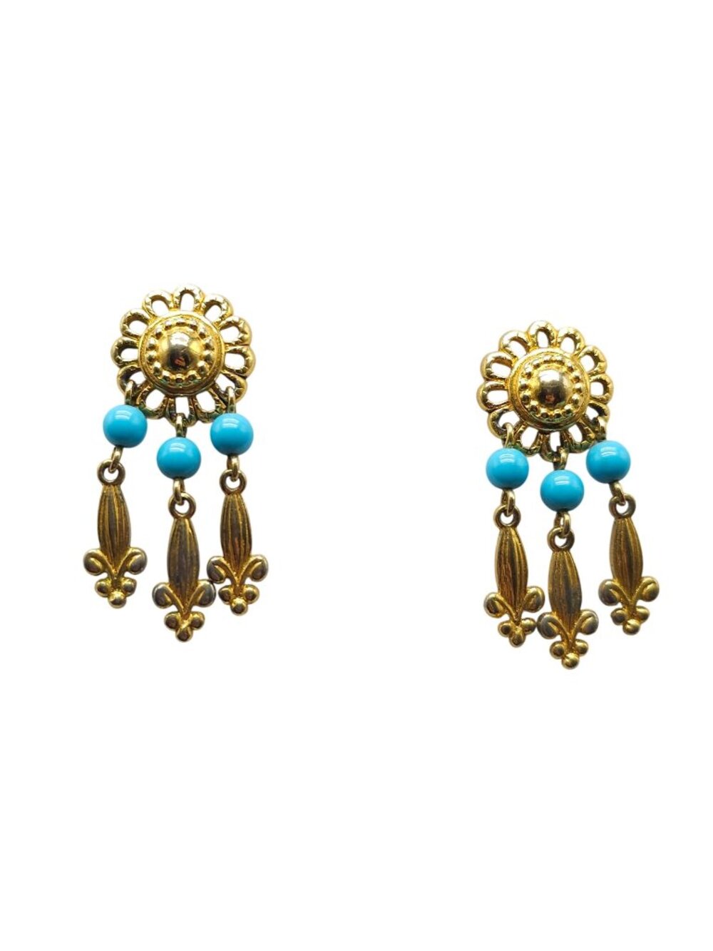 Vintage Gold Tone Turquoise Bead Dangle Earrings With Fleur-De-Lis